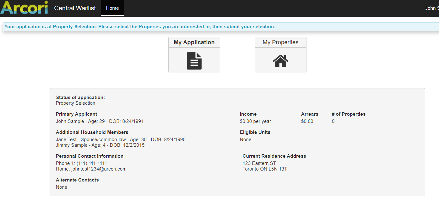The applicant view of the Central Waitlist, showing application status and property selection