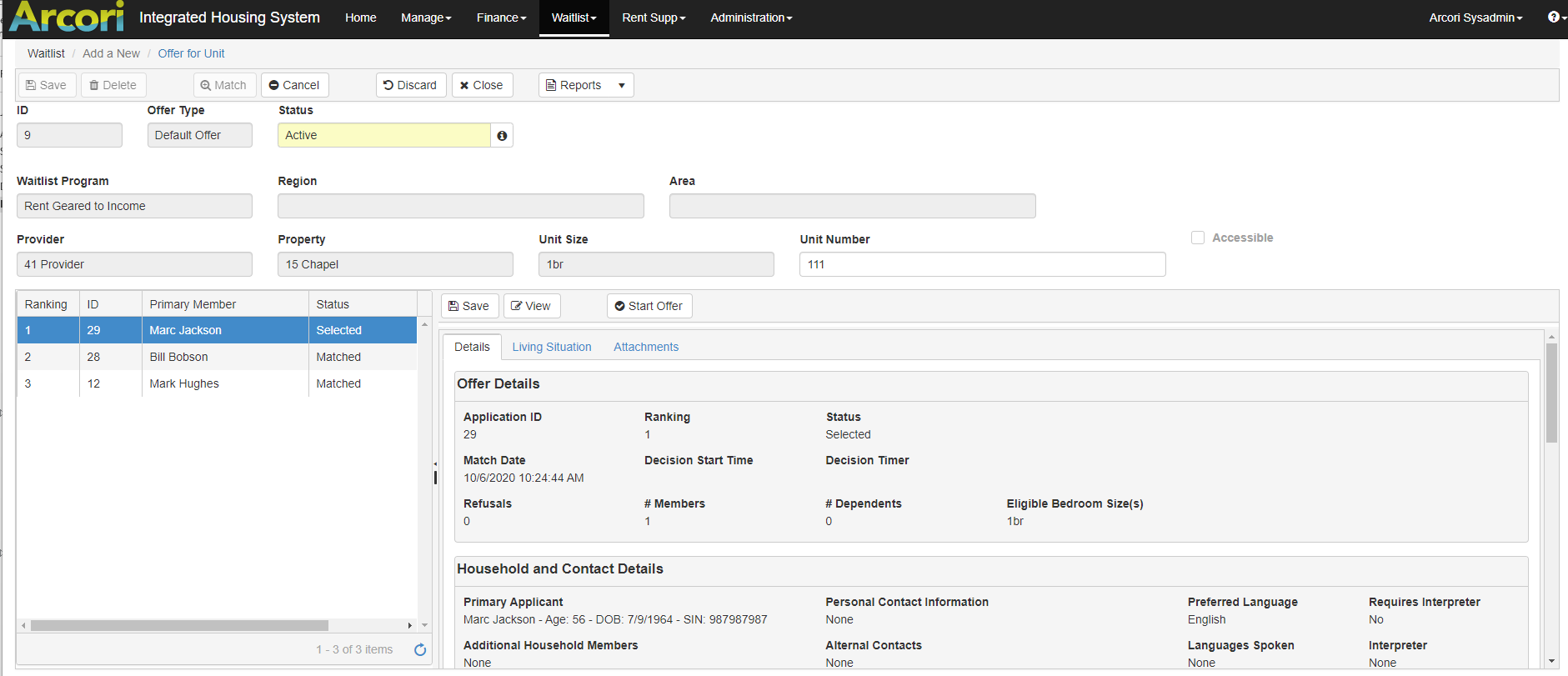 The tracked offer process in Arcori IHS, showing offer ranking and household detail