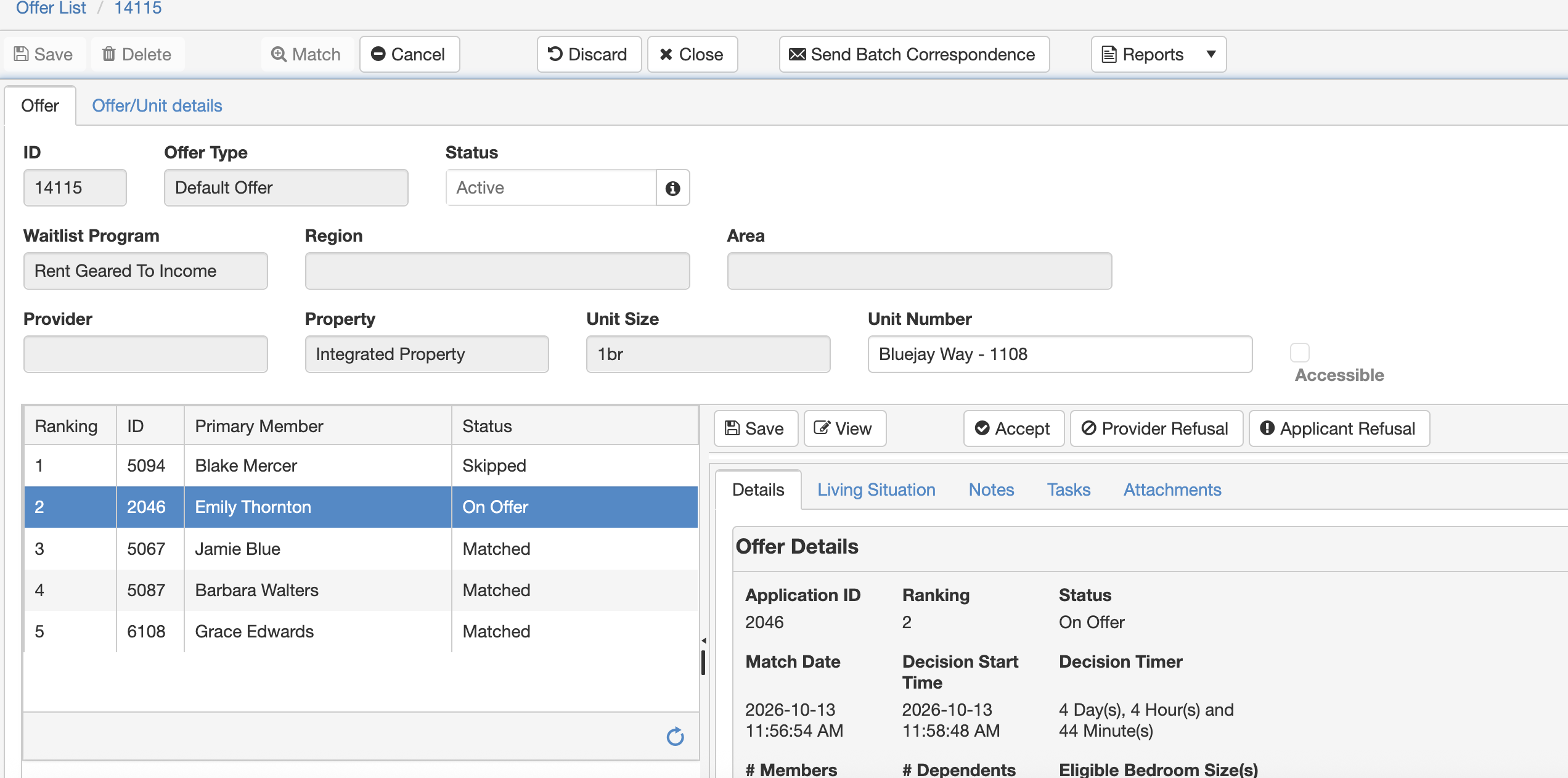 An offer in Arcori Waitlist: the ranked list of matched applicants, offer status and decision timer